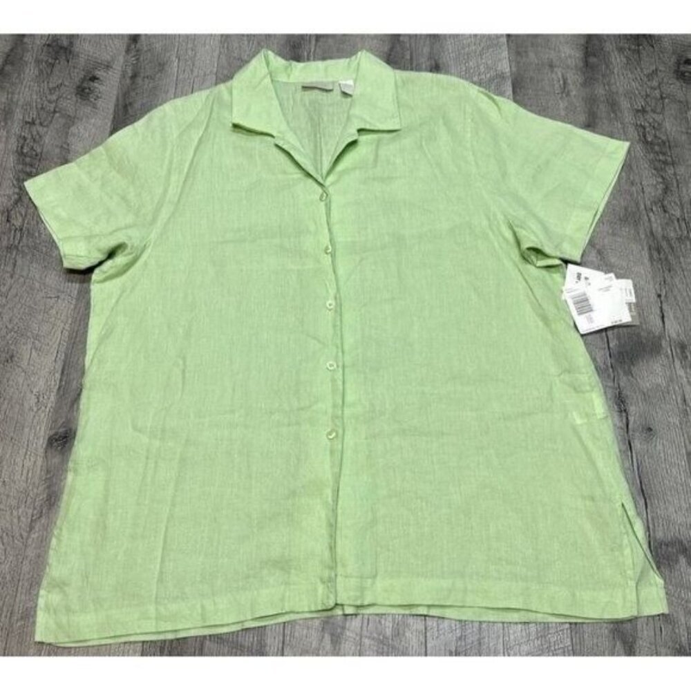 Elizabeth Linen Shirt Womens 18 Plus Green Button Up Chambray Summer Casual NEW